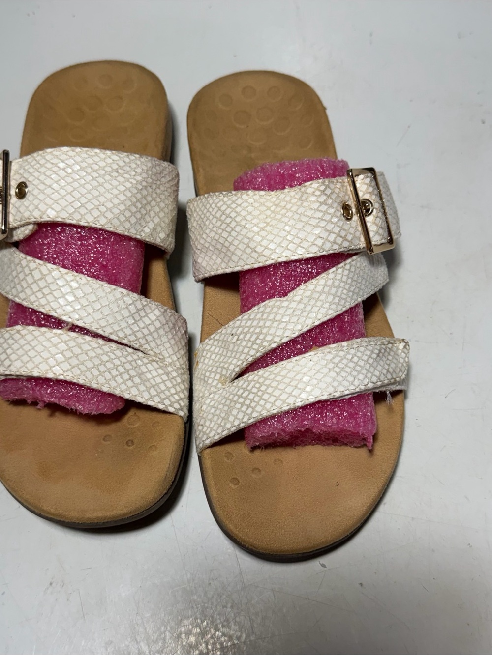 Vionic Women’s 7 Skylar White Triple-Strap Sandals with Gold Buckles - Picture 2 of 4